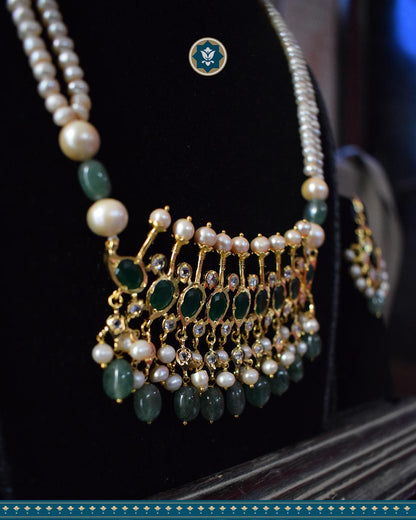 Hyderabadi Jadau Tirmani Necklace Set: Pearls & Strawberry Emerald Delight (Essential 1)