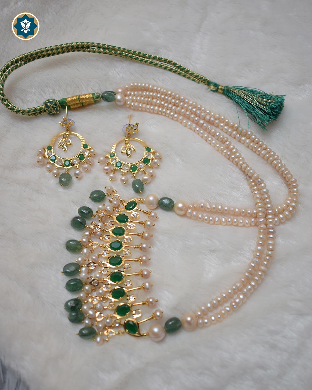 Hyderabadi Jadau Tirmani Necklace Set: Pearls & Strawberry Emerald Delight (Essential 1)