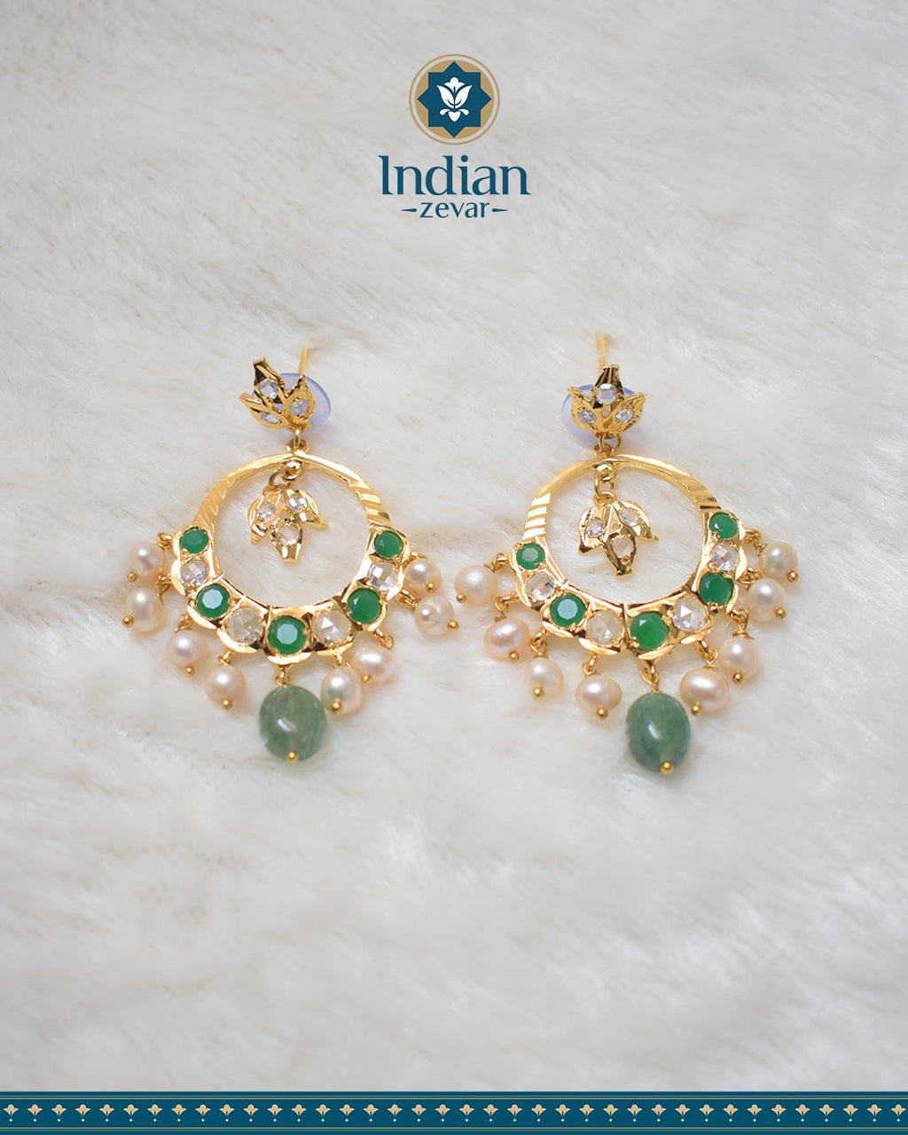 Sparkling Hyderabadi Chandbali Earrings: Pearls & Strawberry Emeralds (Essential 1)