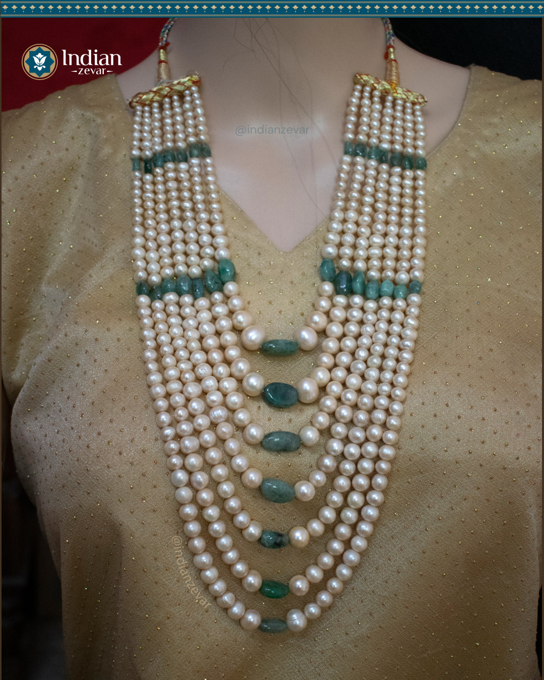 Gradation Pearl and Emerald Sathlada Necklace with Seven Strands of Freshwater Pearls and Natural Zambian Emeralds