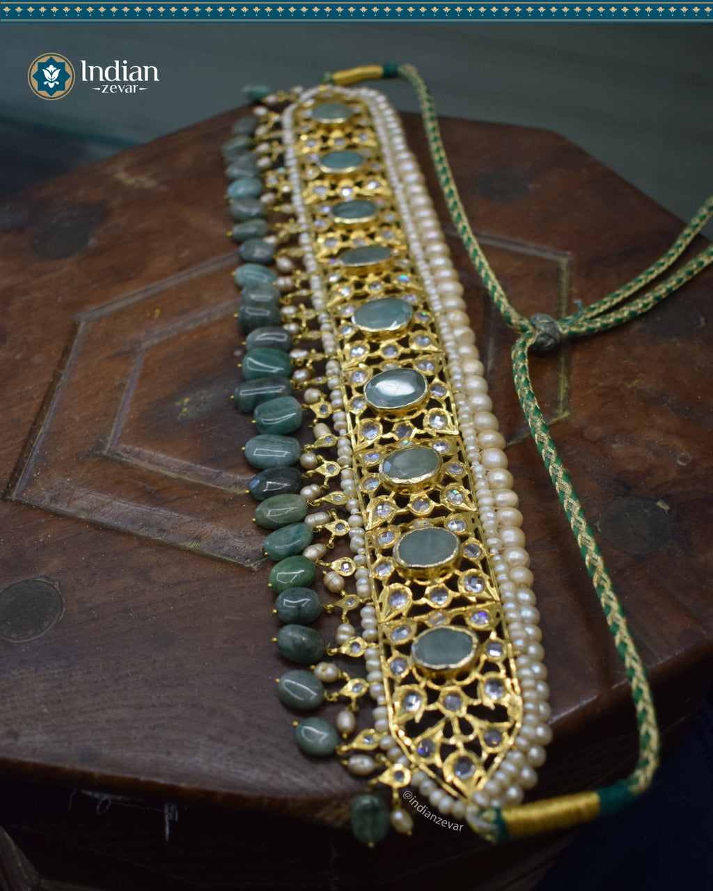 Traditional Hyderabadi Bridal Choker - Jadau Guluband Set Choker Set with Emeralds and Pearls (Essential 2)