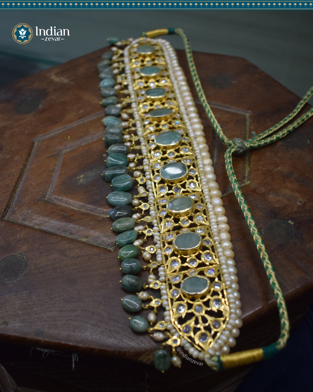 Traditional Hyderabadi Bridal Choker - Jadau Guluband Set Choker Set with Emeralds and Pearls (Essential 2)