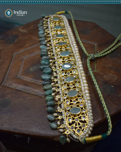 Traditional Hyderabadi Bridal Choker - Jadau Guluband Set Choker Set with Emeralds and Pearls (Essential 2)