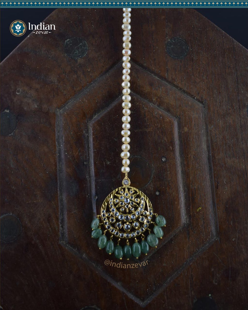 Sparkling Hyderabadi Jadau Maang Tika: Real Pearls & Aventurine Elegance (Essential 1)
