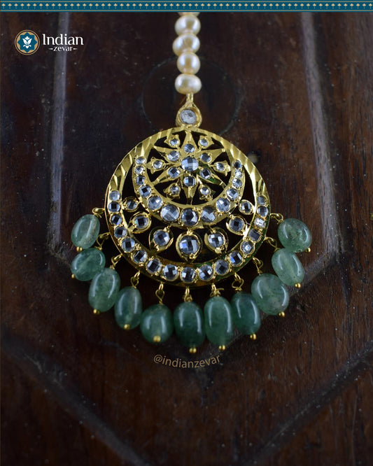 Sparkling Hyderabadi Jadau Maang Tika: Real Pearls & Aventurine Elegance (Essential 1)
