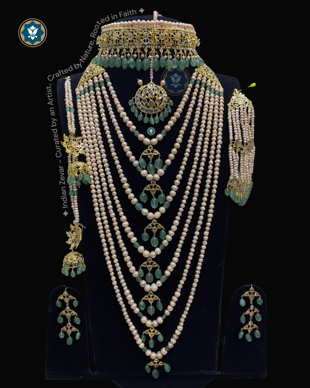 Handcrafted Hyderabadi Jadau bridal jewellery set featuring a Sathlada pearl necklace, Jadau bridal choker, matching earrings, Karanphool Jhumka with Sarasari, Maang Tika, Jhumar (Passa), Cubic Zirconia Flat Cut Polki, natural Green Aventurine gemstones, real antique freshwater pearls, and premium gold-polished alloy by Indian Zevar.