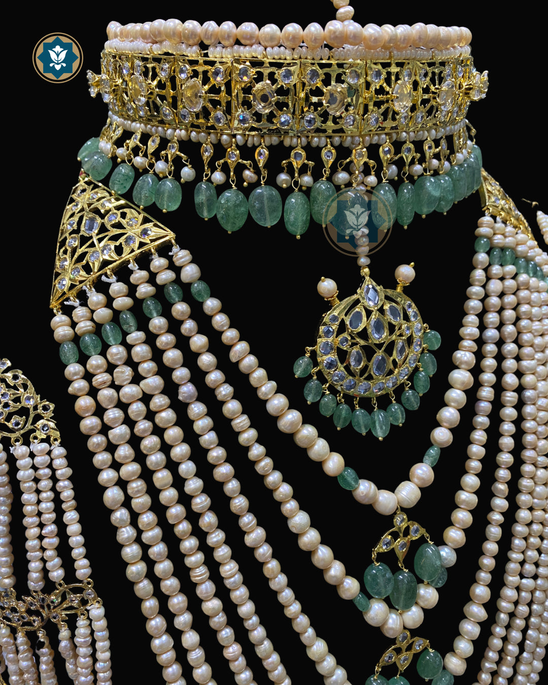 Hyderabadi Jadau Bridal Jewellery Set with Sathlada, Freshwater Pearls, Aventurine & CZ Flat Cut Polki