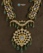 Indian Zevar bridal set – Hyderabadi Jadau Asif Jahi Haar (Murassa Haar) necklace with earrings. Crafted with pearls, Zambian emeralds, Pachi Polki, and gold-polished alloy. A timeless Rani Haar bridal necklace for weddings, Polki bridal sets price in India, Buy Kundan necklace online USA.