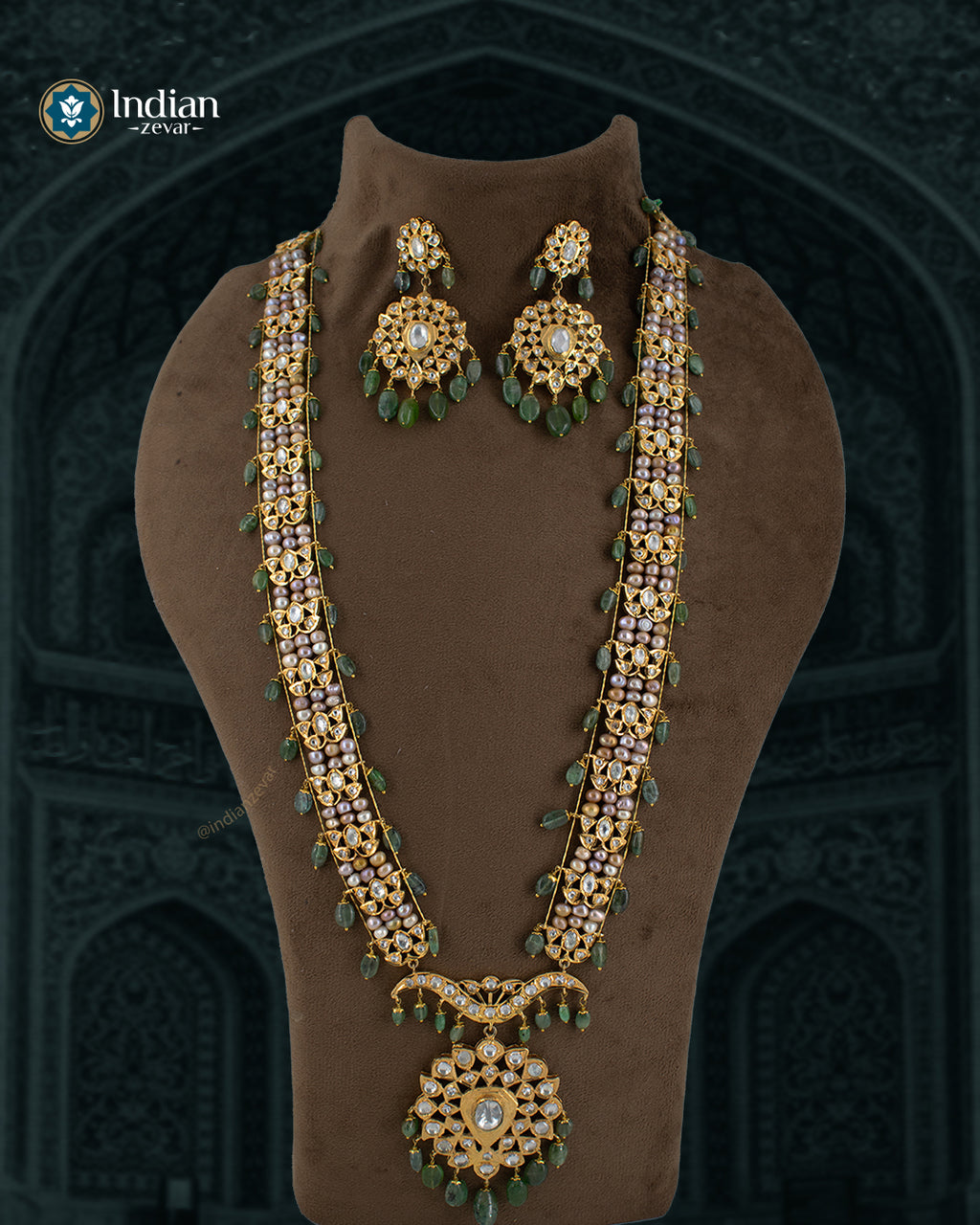 Hyderabadi Jadau Asif Jahi Haar Necklace Set – Murassa Haar bridal Rani Haar design with earrings, antique pearls, Zambian emeralds, and Pachi Polki stones. A luxury bridal set crafted in Jadau style, available as Pearl bridal set Hyderabad, Rani Haar with pearls, and Hyderabadi pearl necklace. Perfect Indian bridal jewelry for weddings in India, Indian wedding jewelry USA, South Indian jewelry for brides Canada/UK. Shop Hyderabad Pearl Jewelry Store Online.