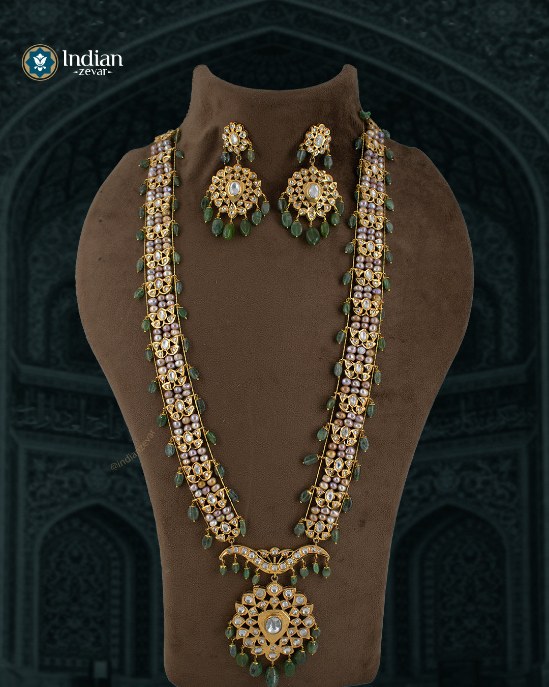 Hyderabadi Jadau Asif Jahi Haar necklace set, featuring antique pearls, Zambian emeralds, and intricate gold-plated alloy work