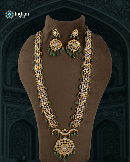 Hyderabadi Jadau Asif Jahi Haar necklace set, featuring antique pearls, Zambian emeralds, and intricate gold-plated alloy work