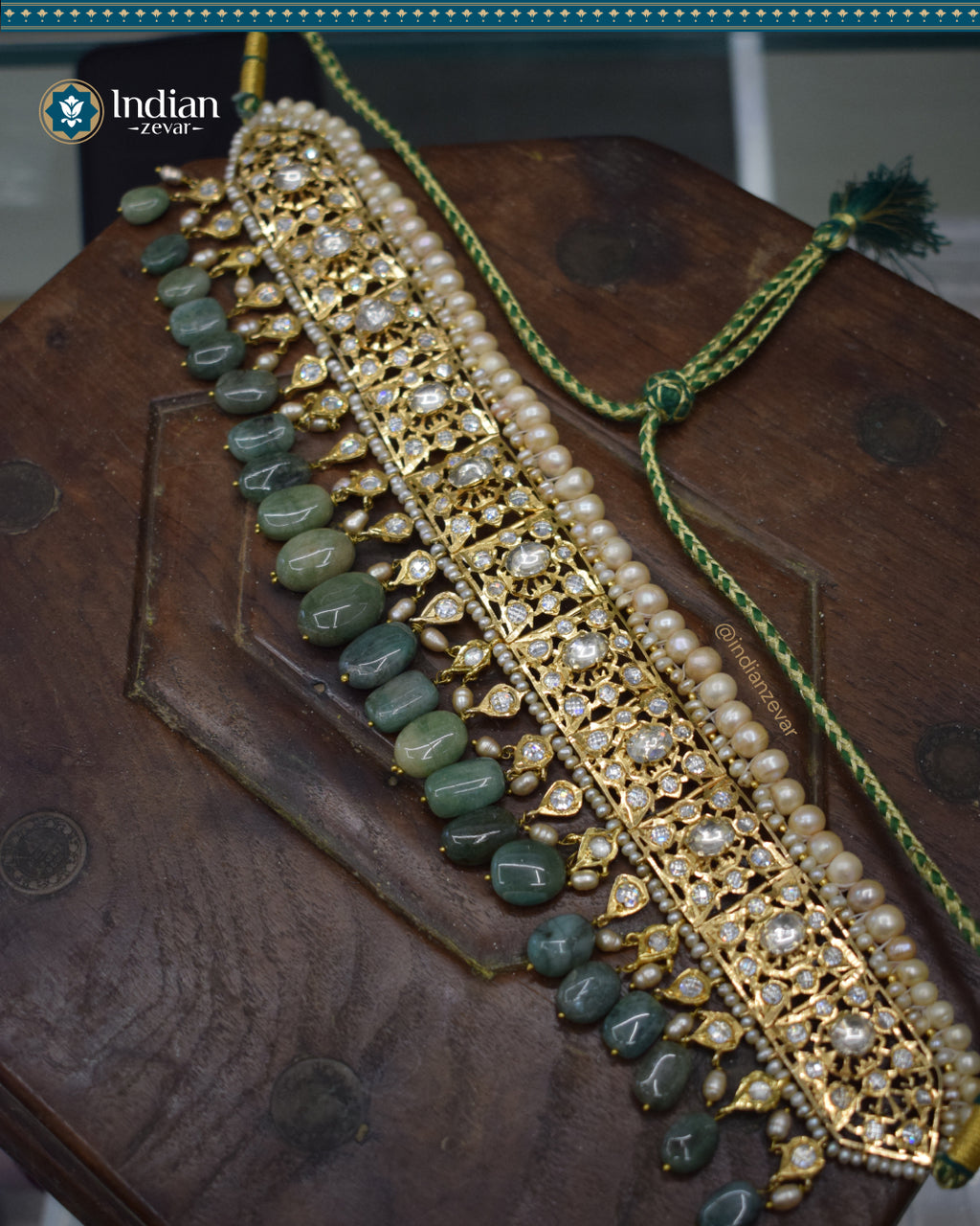 Hyderabadi Jadau Bridal Choker Set: Antique Pearls & Zambian Emeralds with Pachi Polki (Luxury 1)