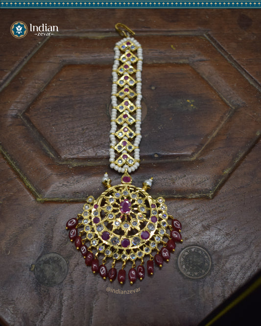 Hyderabadi Jadau Maang Tika with Dark Pink and White CZ Polki and Faux Pearls (Imitation 1)