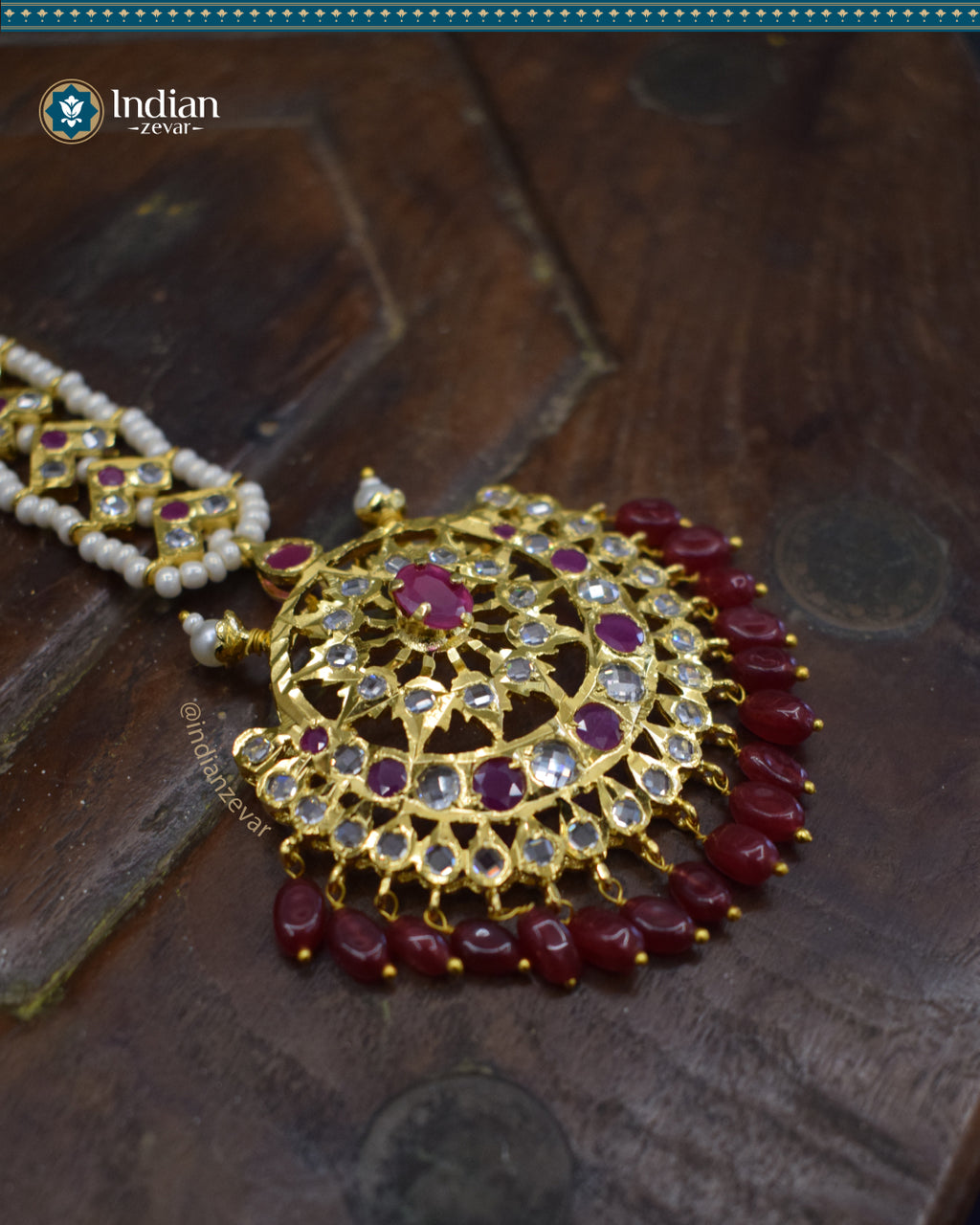 Hyderabadi Jadau Maang Tika with Dark Pink and White CZ Polki and Faux Pearls (Imitation 1)