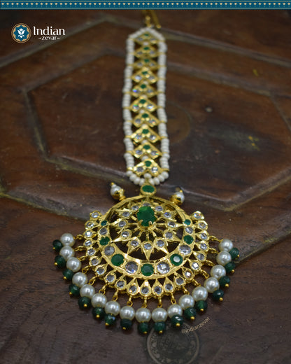 Hyderabadi Jadau Maang Tika with Green and White CZ Polki and Faux Pearls (Imitation 1)