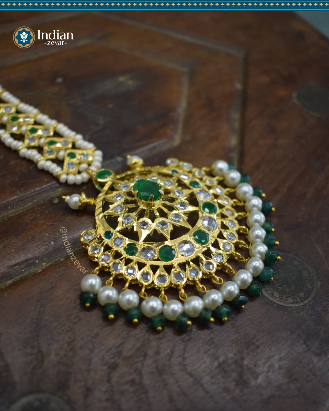 Hyderabadi Jadau Maang Tika with Green and White CZ Polki and Faux Pearls (Imitation 1)