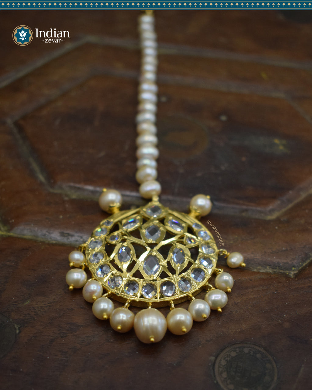 Hyderabadi Jadau Maang Tika with CZ Polki and Real Freshwater Pearls (Essential 4)