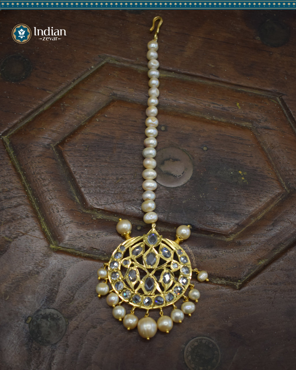 Hyderabadi Jadau Maang Tika with CZ Polki and Real Freshwater Pearls (Essential 4)