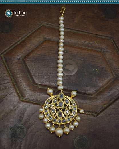 Hyderabadi Jadau Maang Tika with CZ Polki and Real Freshwater Pearls (Essential 4)