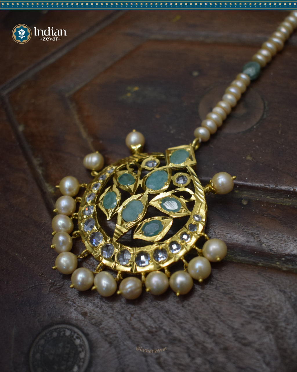 Hyderabadi Jadau Maang Tika with Emeralds, CZ Polki, and Real Freshwater Pearls (Essential 2)