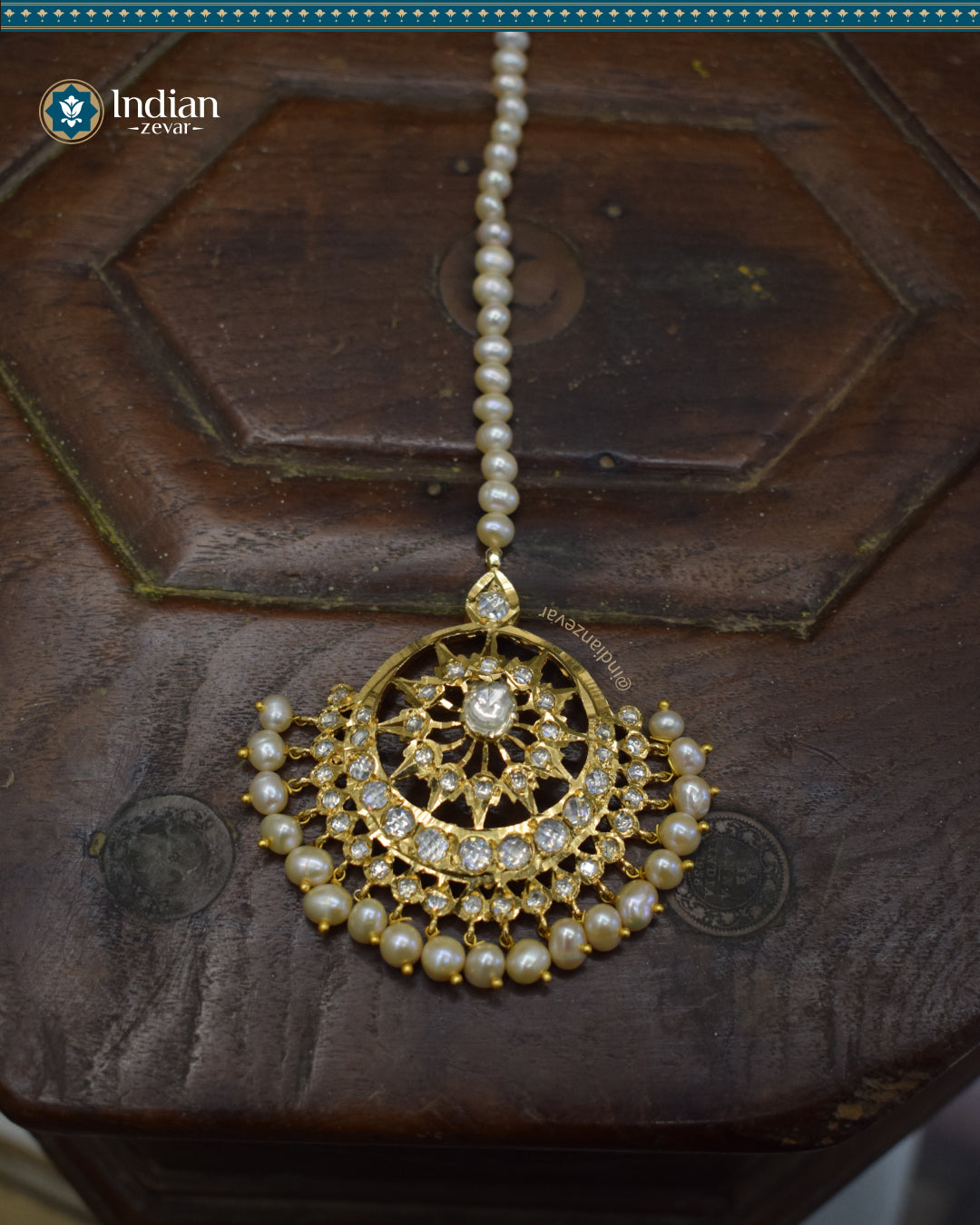 Hyderabadi Jadau Maang Tika with Pachi Polki and Real Freshwater Pearls (Timeless 1)