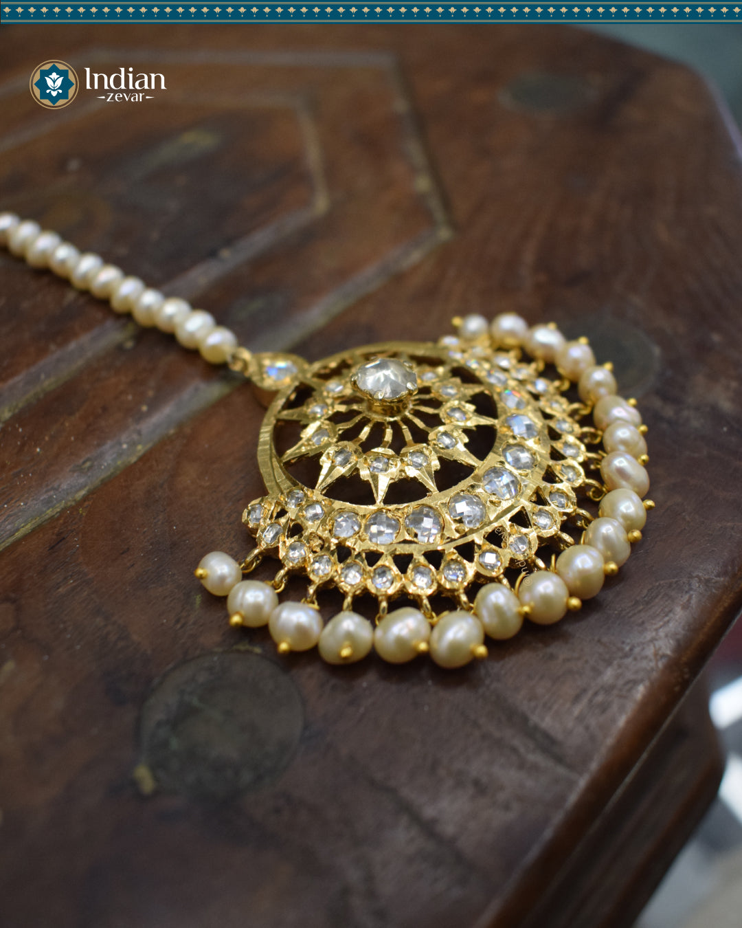 Hyderabadi Jadau Maang Tika with Pachi Polki and Real Freshwater Pearls (Timeless 1)