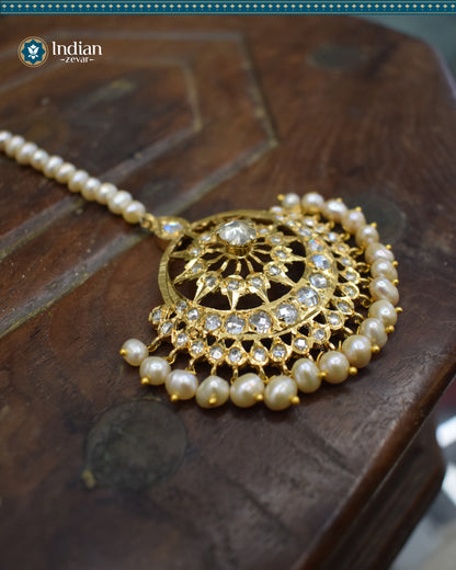 Hyderabadi Jadau Maang Tika with Pachi Polki and Real Freshwater Pearls (Timeless 1)