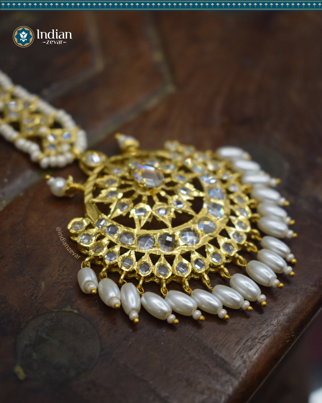 Hyderabadi Jadau Big Maang Tika with CZ Polki and Faux Freshwater Pearls (Imitation 1)