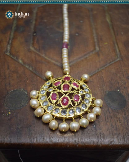 Hyderabadi Jadau Maang Tika with Rubies, CZ Polki, and Real Freshwater Pearls (Essential 3)