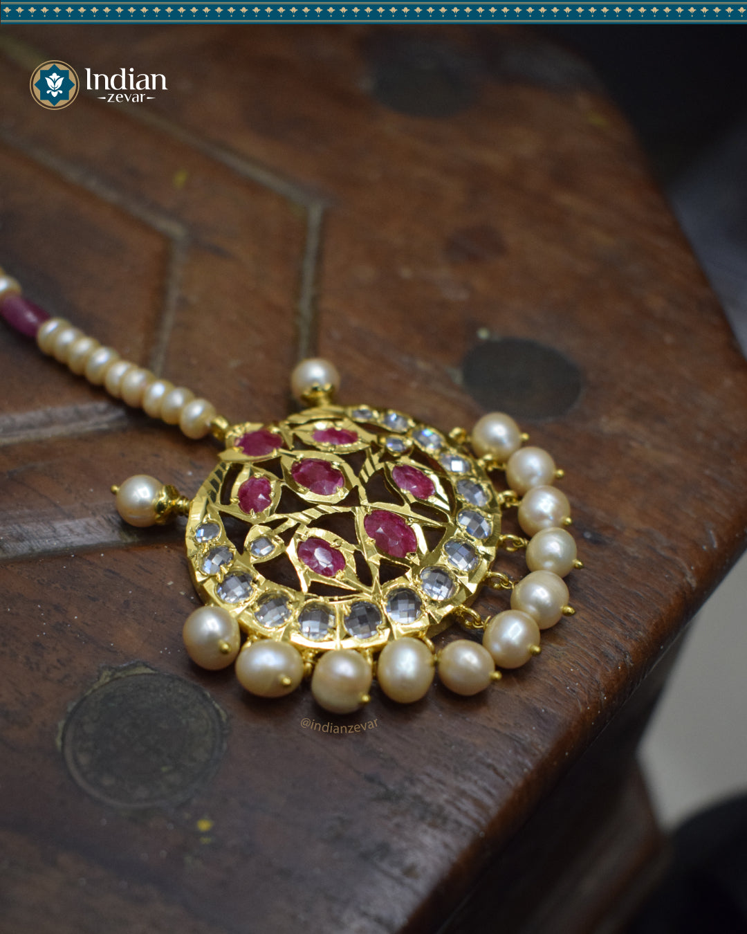 Hyderabadi Jadau Maang Tika with Rubies, CZ Polki, and Real Freshwater Pearls (Essential 3)