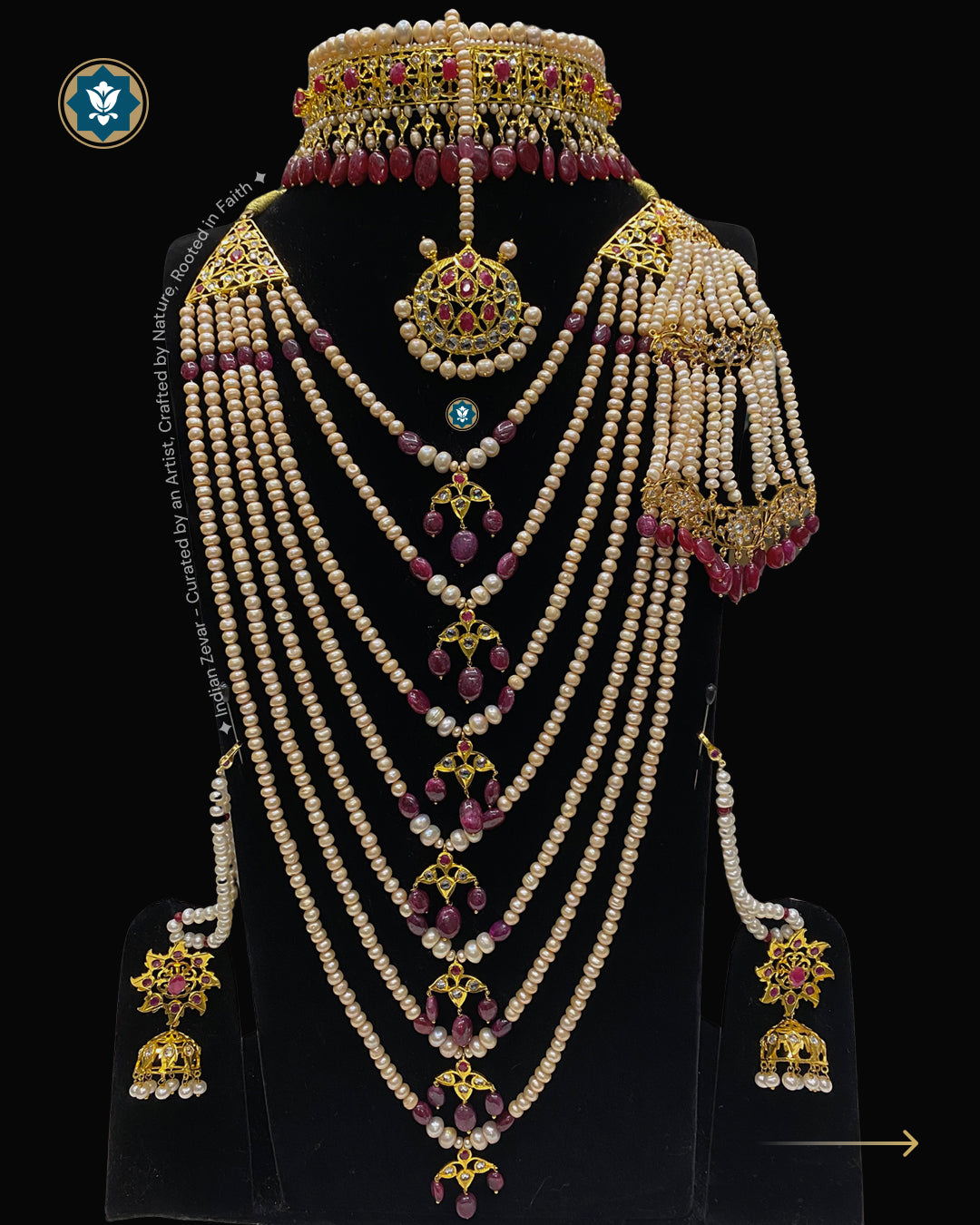 Hyderabadi Jadau bridal jewellery set with Sathlada, Ruby beads, freshwater pearls and CZ Flat Cut Polki