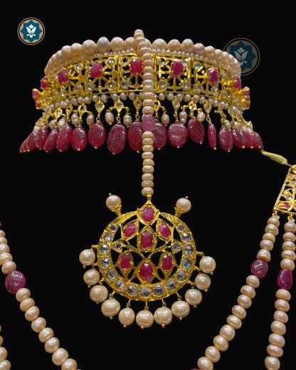 Hyderabadi Jadau bridal choker with treated natural African Ruby, CZ Flat Cut Polki and freshwater pearls