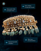 Close-up of Handcrafted Hyderabadi Jadavi Choker showing intricate Pachi Polki work and emerald detailing.