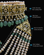 Hyderabadi Jadau Bridal Jewellery Set with Sathlada, Freshwater Pearls, Aventurine & CZ Flat Cut Polki