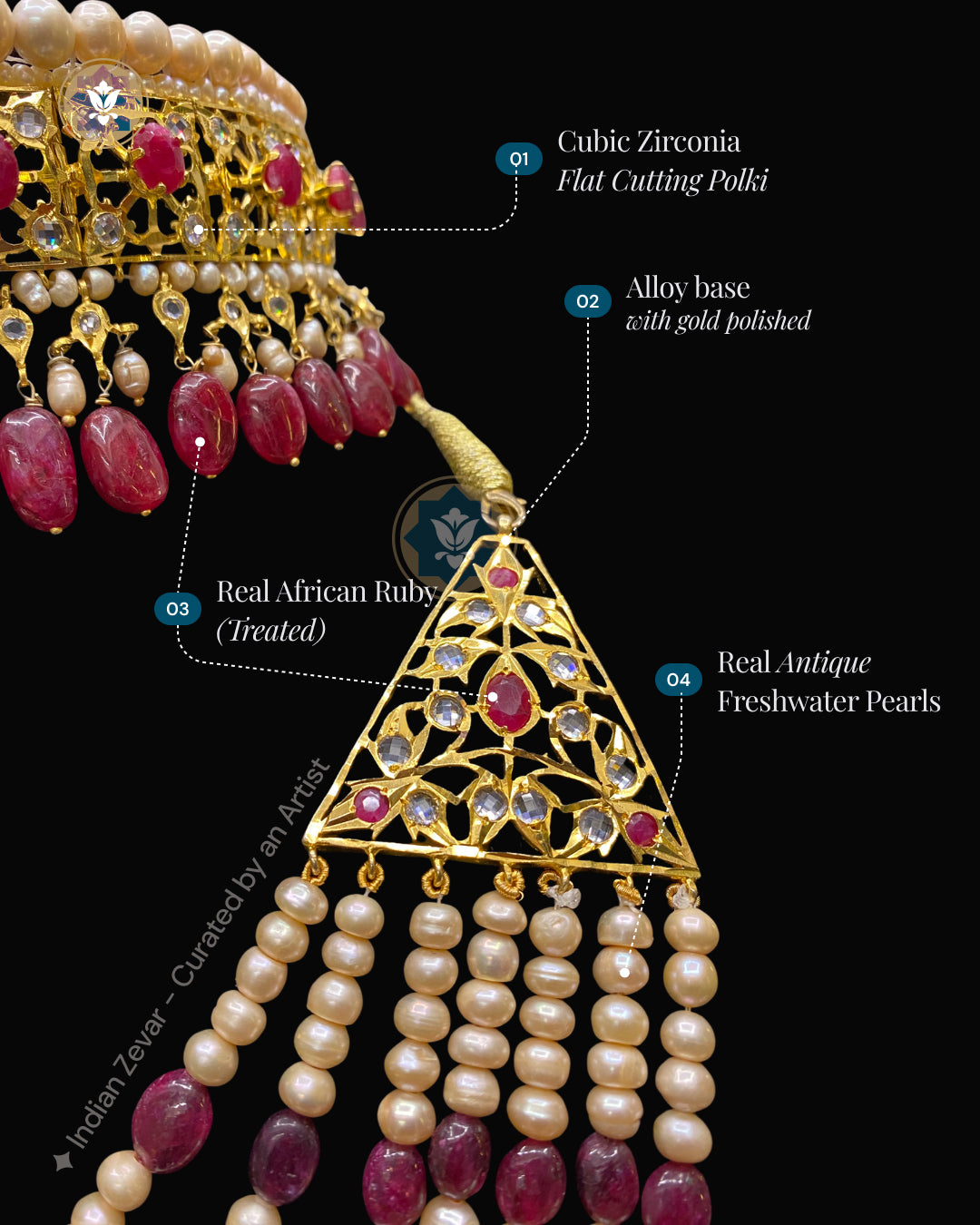 Handcrafted Hyderabadi bridal jewellery details with Jadau-inspired stone setting and pearl beadwork