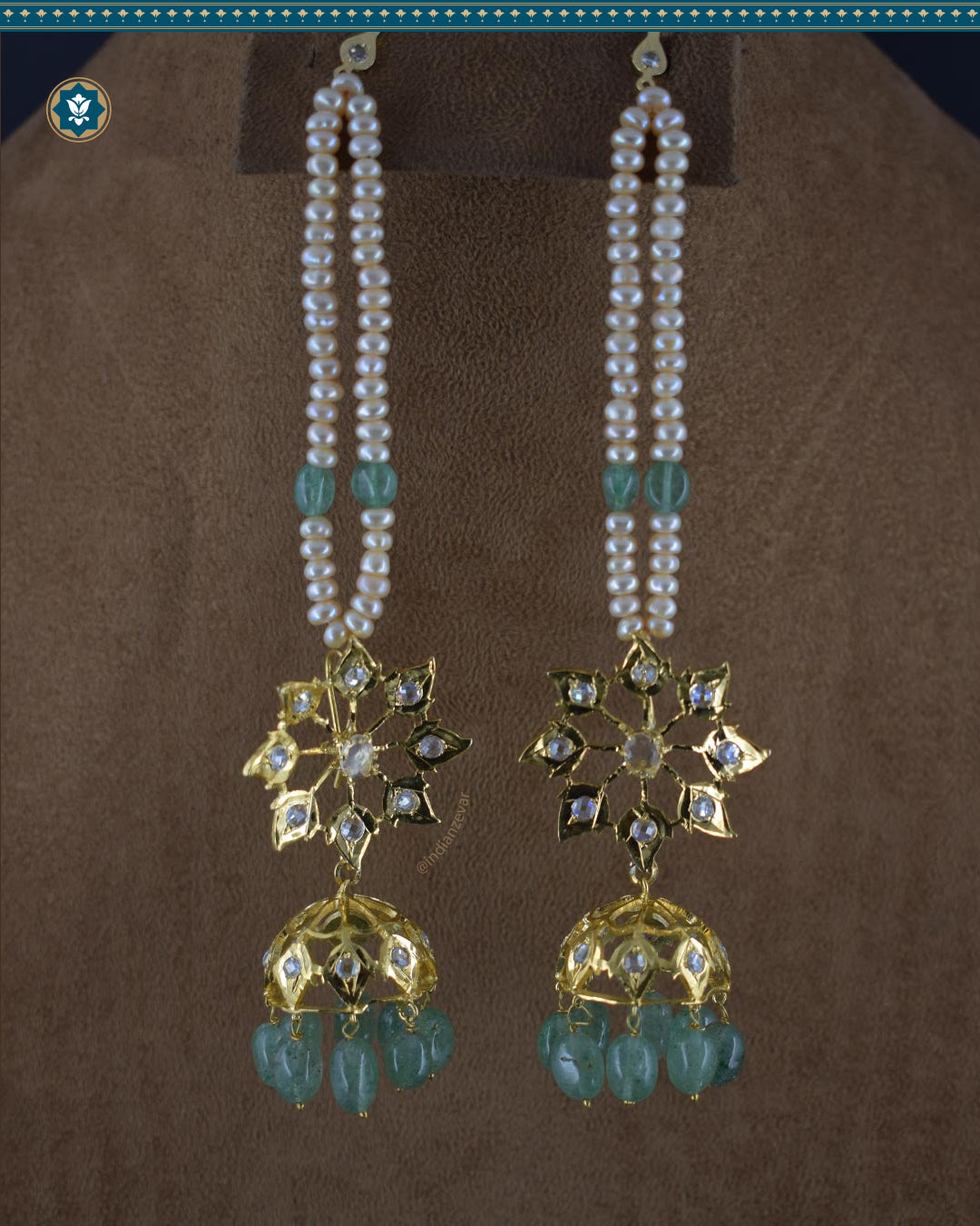 Hyderabadi Jadau Karanphool-Sarasari Jhumka Earrings with Pearls & Strawberry Emeralds (Essential 1)