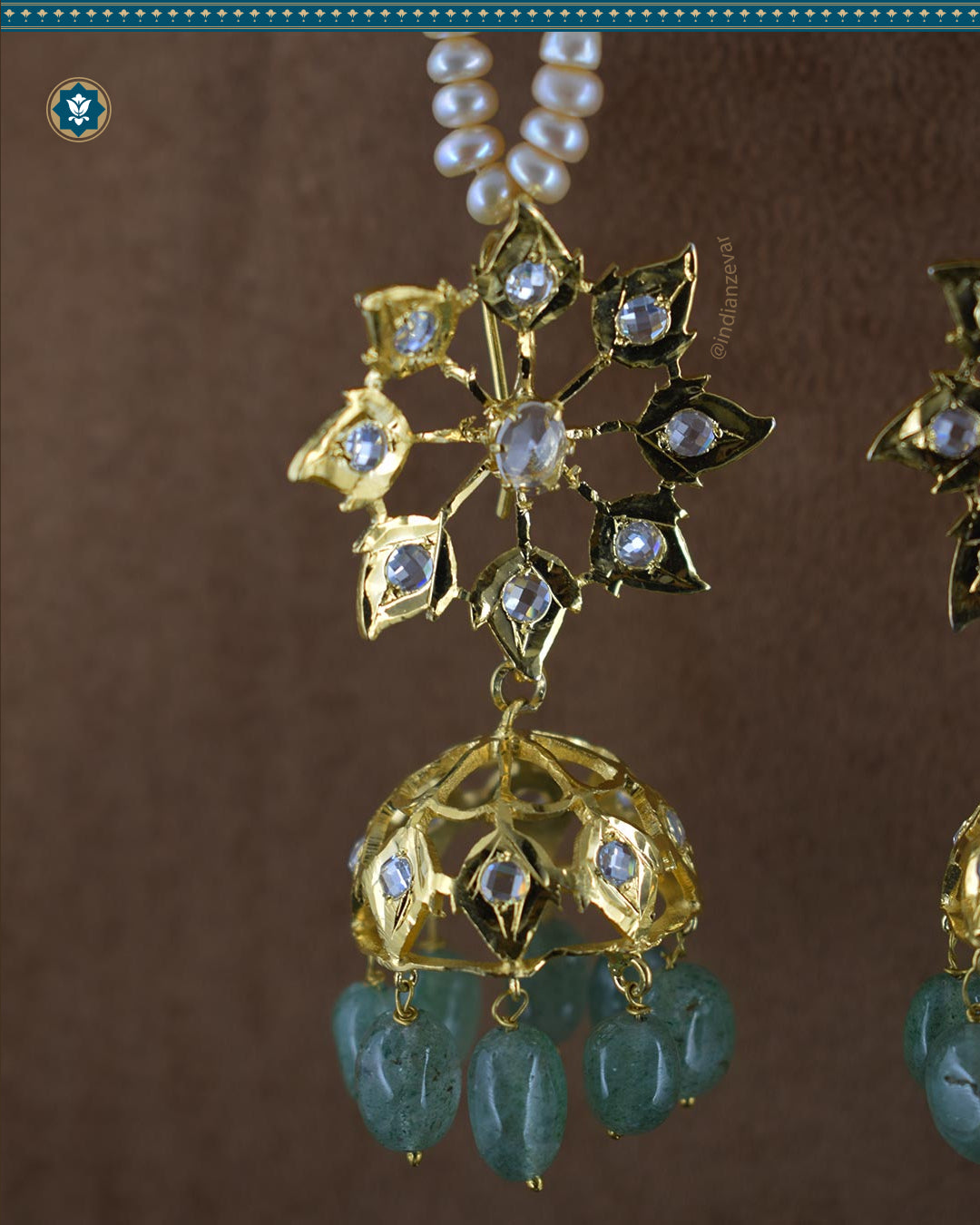 Hyderabadi Jadau Karanphool-Sarasari Jhumka Earrings with Pearls & Strawberry Emeralds (Essential 1)