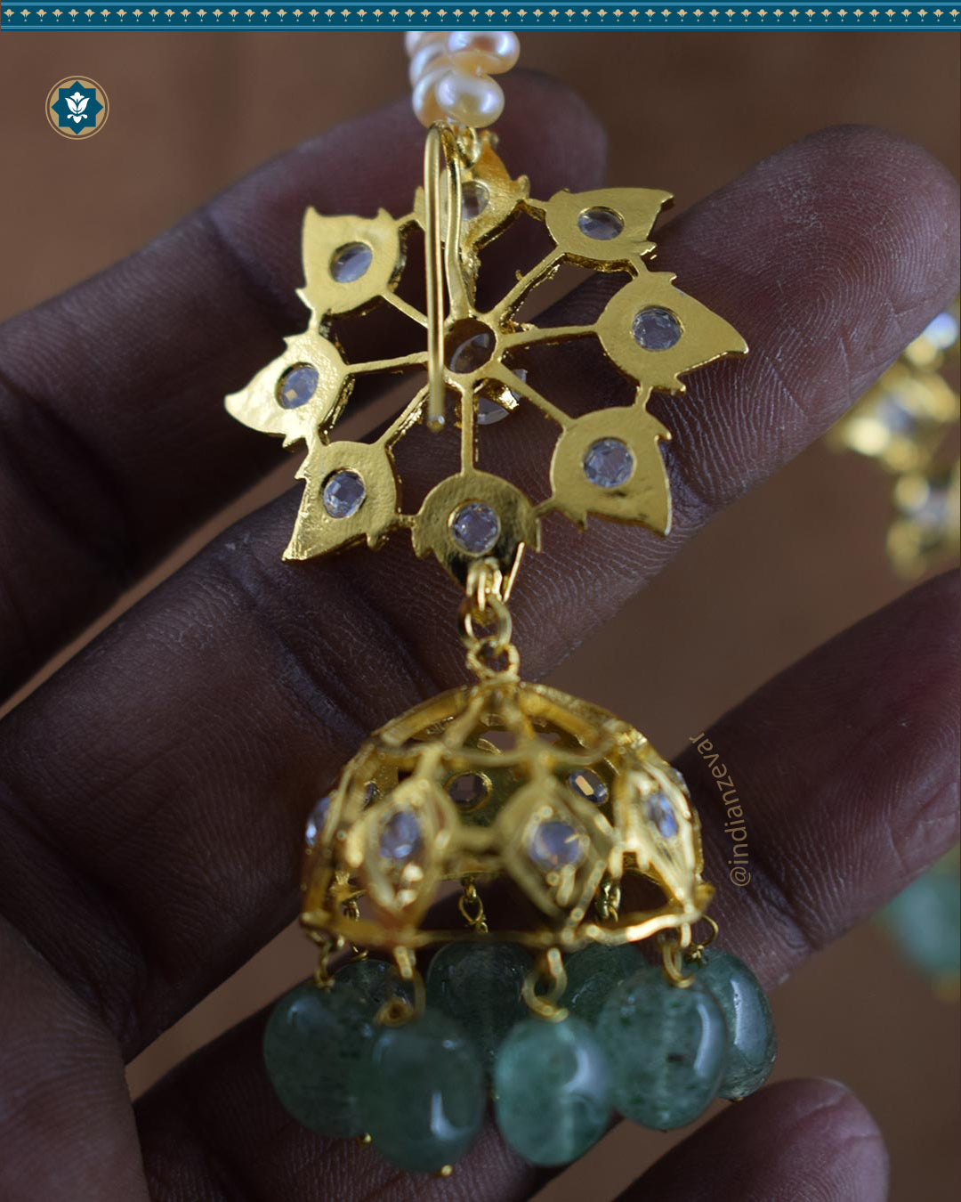 Hyderabadi Jadau Karanphool-Sarasari Jhumka Earrings with Pearls & Strawberry Emeralds (Essential 1)