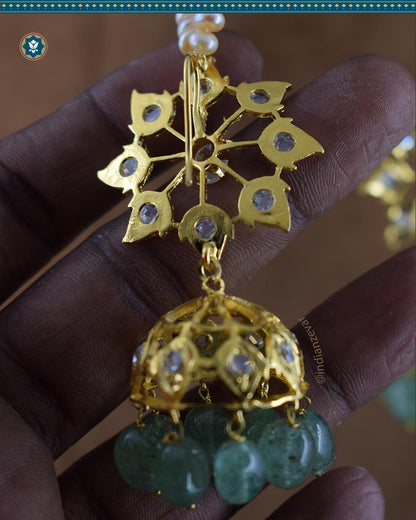 Hyderabadi Jadau Karanphool-Sarasari Jhumka Earrings with Pearls & Strawberry Emeralds (Essential 1)