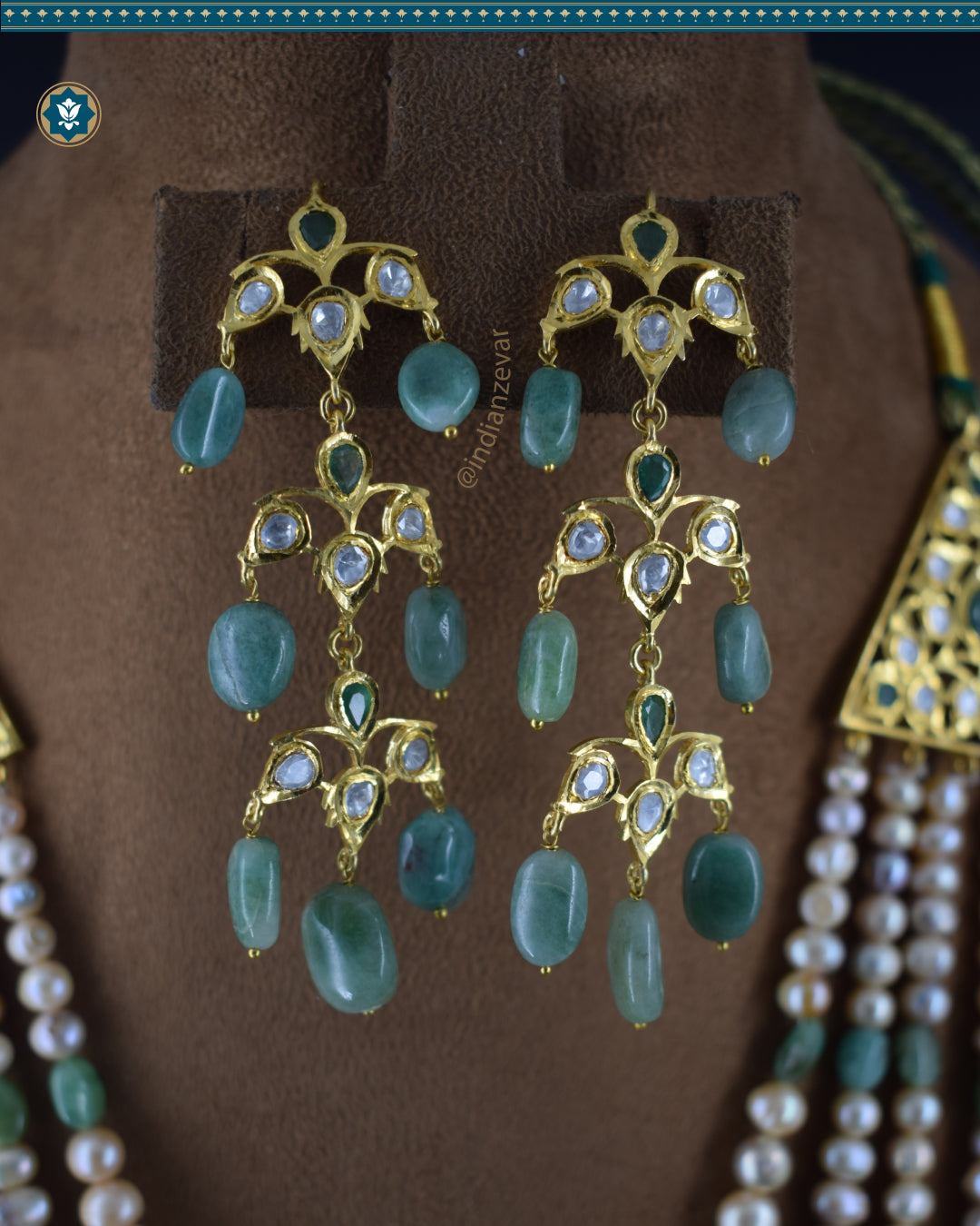 Sparkling Hyderabadi Jadau Chandelier Earrings: Pearls & Emerald Elegance (Signature 1)