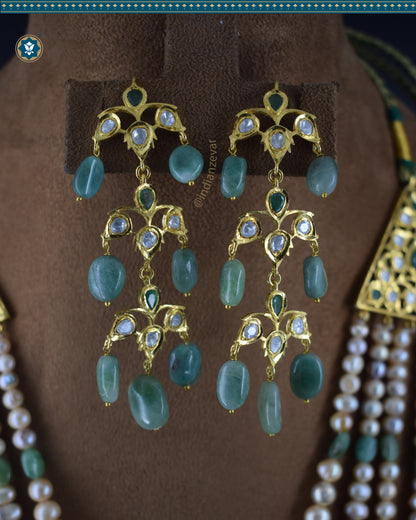 Sparkling Hyderabadi Jadau Chandelier Earrings: Pearls & Emerald Elegance (Signature 1)