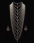 Indian Zevar The Grand Haar multi-string layered haar with freshwater pearls, ruby and emerald beads, CZ Polki and matching earrings.