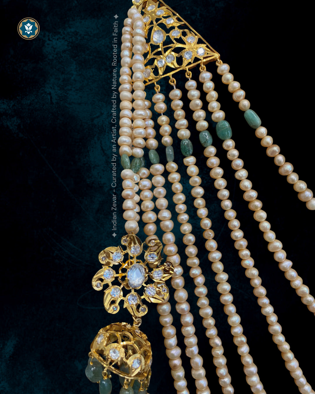 Seven-stringed Hyderabadi Sathlada necklace with gradated freshwater pearls and emerald droplets.