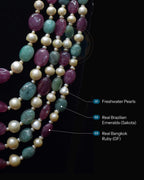 infographic of Indian Zevar five-string necklace set featuring big-size ruby beads, big-size emerald beads, freshwater pearls, CZ Polki and matching earrings.
