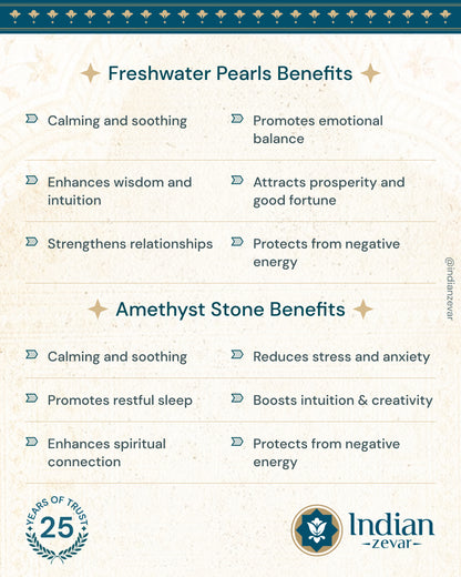 A poster about the benefits of freshwater pearls and amethyst stones.