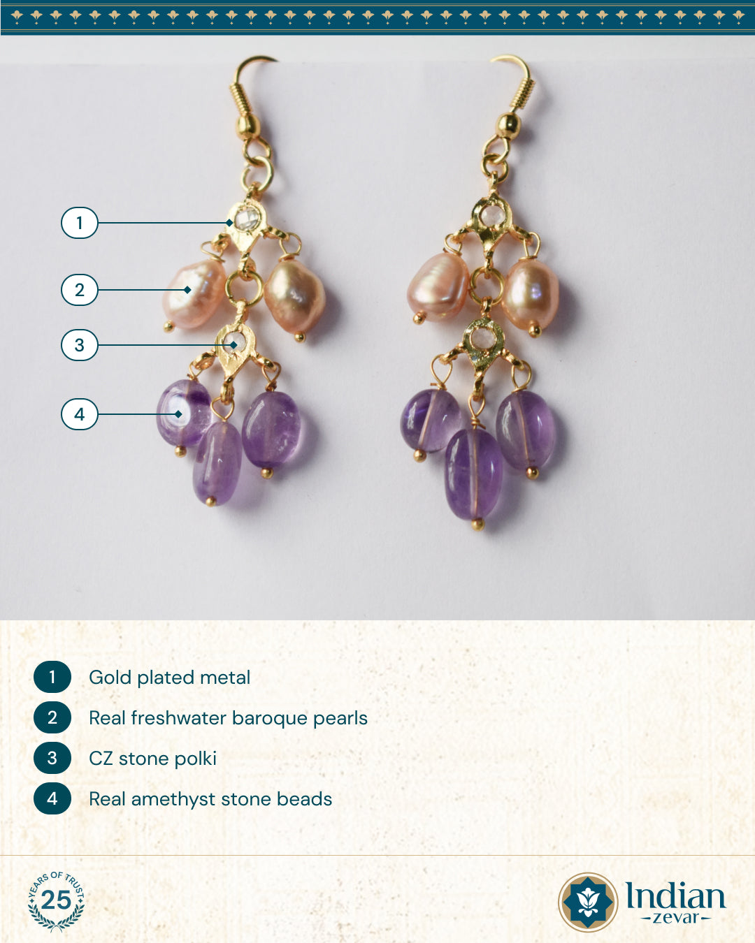 Natural freshwater pearls earrings with gold plated metal and amethyst stone beads