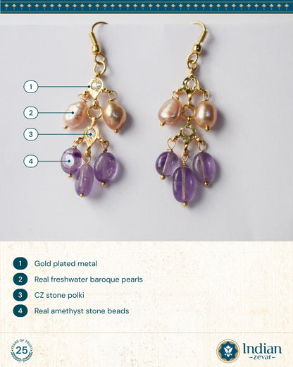 Natural freshwater pearls earrings with gold plated metal and amethyst stone beads