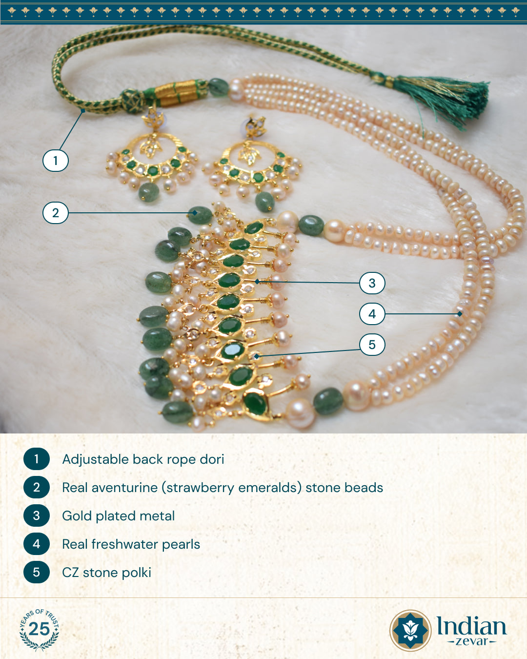 Hyderabadi Jadau Tirmani Necklace Set: Pearls & Strawberry Emerald Delight (Essential 1)