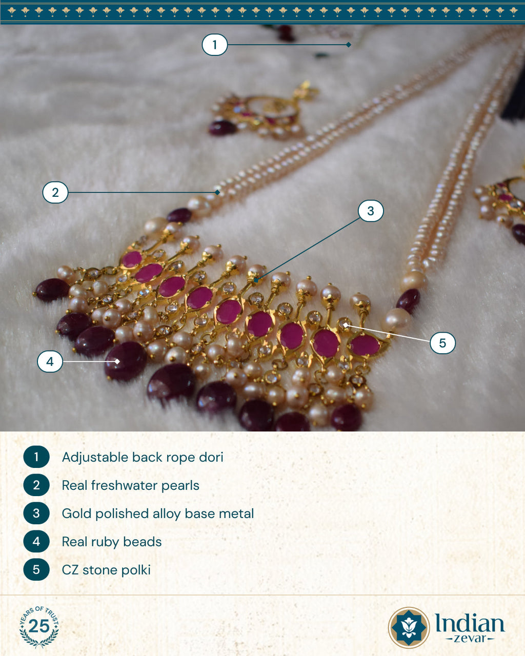 Hyderabadi Jadau Tirmani Necklace Set: Pearls & Ruby Delight (Essential 2)