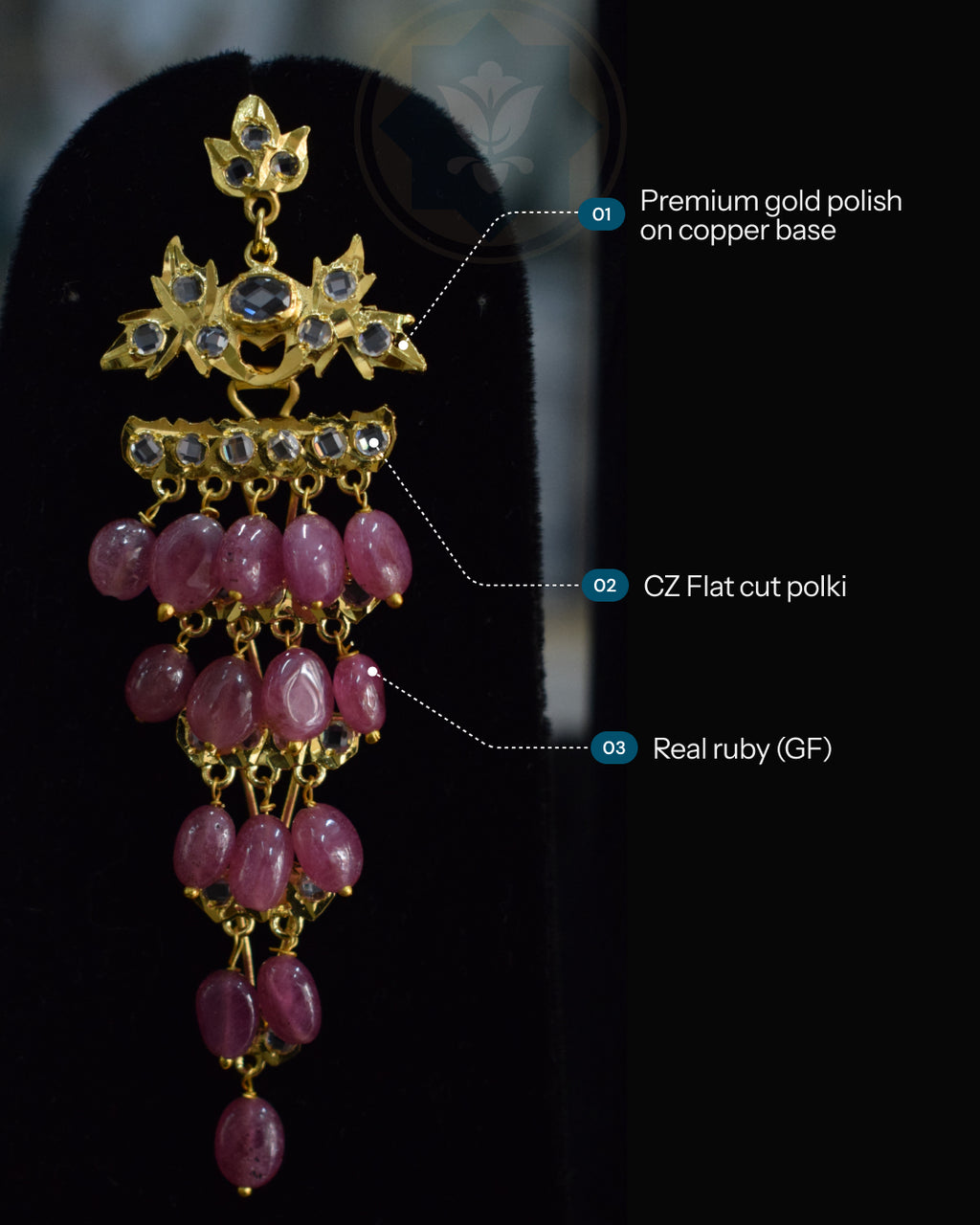 Infographic of Indian Zevar Angoor Goshe chandelier earrings featuring real Bangkok Rubies, CZ Flat Cut Polki and premium gold polish on a copper base.